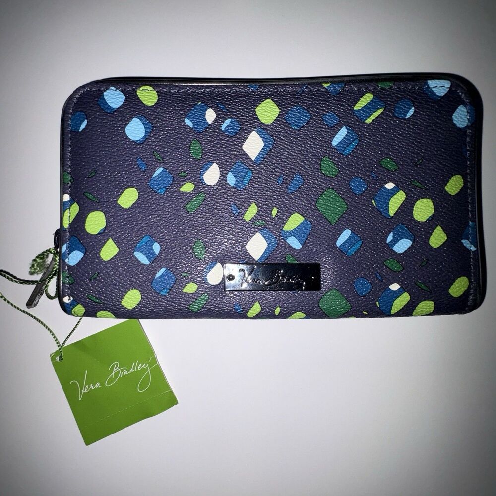 Vera Bradley NEW Navy Blue Green Accordion Zip Wallet Retired Pattern Ink Spots